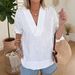 Women's V Neck Pullover Shirt Simple Solid Color Long Sleeved Loose Fit Cotton Linen Blend Style By European American 2026_ecoleips.com