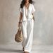 Women's Fashion Casual Two Piece Set V Neck Loose Short Sleeved Solid Color Cross Border Style European American 2026_ecoleips.com