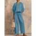 Summer Women's Wide Leg Pants Set Casual Loose Fit Zipper Round Neck Top Solid Color American Style_ecoleips.com