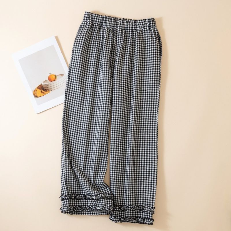 2025 Simple Plaid Home Pants Pure Cotton Double-layer Gauze Women's Pajama Pants Autumn Thin Casual Elastic Waist Sleep Bottoms_ecoleips.com