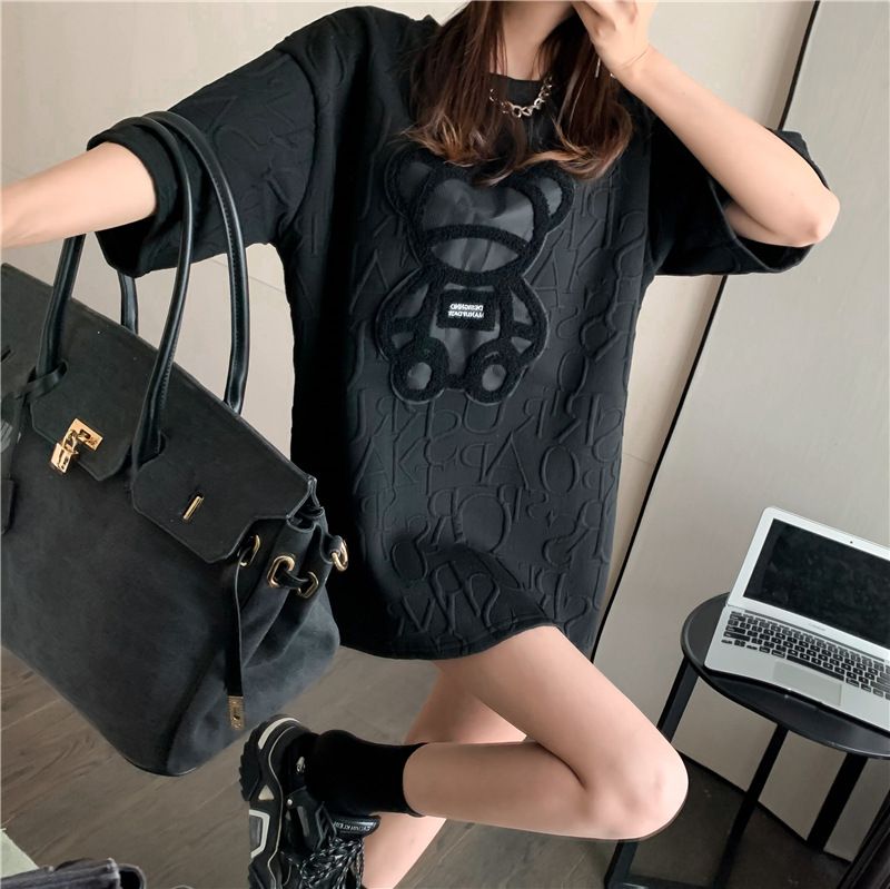 Women's Casual Short Sleeve T-Shirt With Bear Embroidery, Round Neck, Thickened Fabric For Autumn And Winter_ecoleips.com