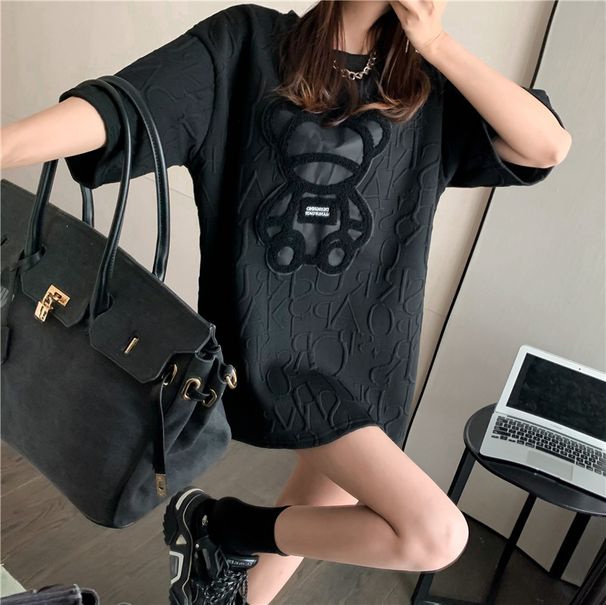Women's Casual Short Sleeve T-Shirt With Bear Embroidery, Round Neck, Thickened Fabric For Autumn And Winter_ecoleips.com
