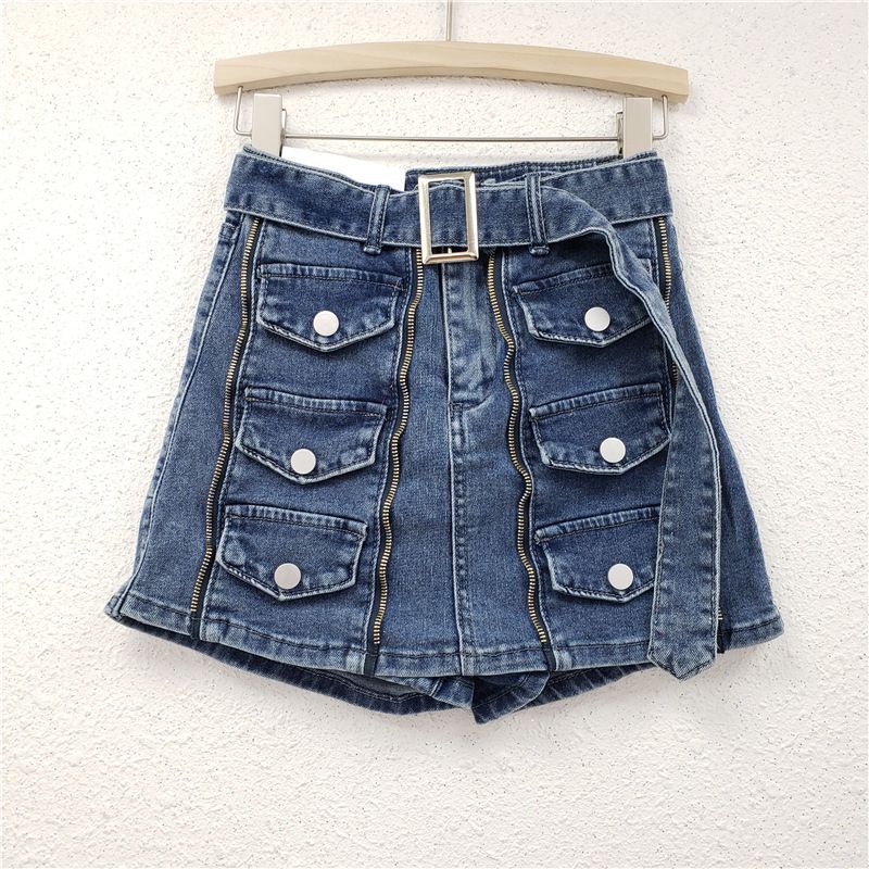 Personalized Pocket Zipper Design Army Green Denim Skirt Pants Women's Summer High Waist A Line Slim Two Piece Hip Skirt_ecoleips.com