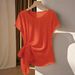 Women's Lightweight Satin Weave Short Sleeve Top With Ruffle Tie Detail, Breathable Round Neck T-Shirt_ecoleips.com