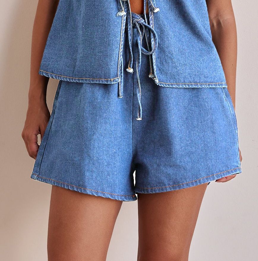 Summer Fashion Casual Sleeveless Lace Up High Waist Women's Vest Denim Suit Shorts_ecoleips.com