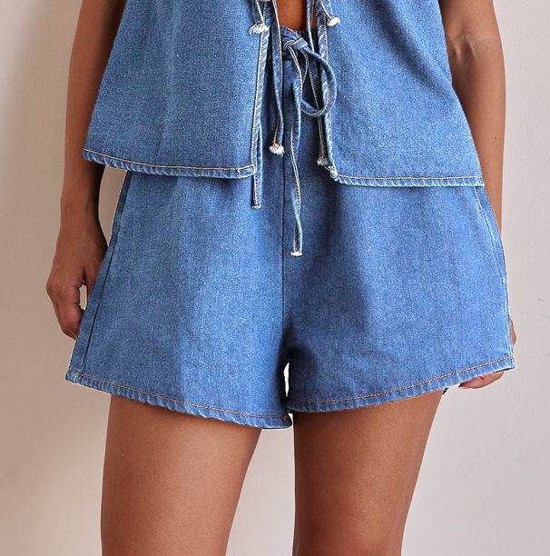 Summer Fashion Casual Sleeveless Lace Up High Waist Women's Vest Denim Suit Shorts_ecoleips.com