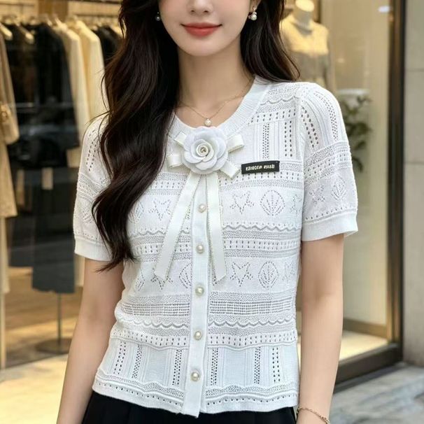 Yuanbiao 2026 Summer New Bow Tie Short Sleeve Knit Shirt For Women, Slim Fit, Elegant And Trendy Top_ecoleips.com