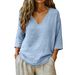2026 Spring/Summer New Women's Casual Loose Fashion Slub Cotton Mid-Sleeve V-Neck Top_ecoleips.com