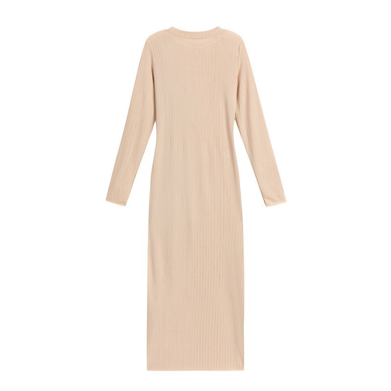 Spring/Summer Knit Dress With Relaxed Waistline, Round Neckline, And Slimming Stripes Long Women's Knit Skirt_ecoleips.com