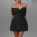 Women’s Sweet Off-Shoulder Jacquard Dress – Butterfly Embellished, Glossy Princess Style (Pink/Black, S-L)_ecoleips.com