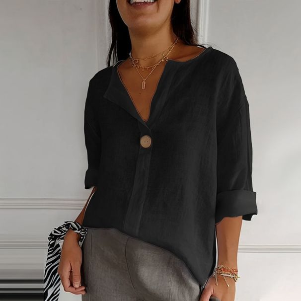 2025 European And American Summer New Loose T Shirts For Women V Neck Cotton And Linen Button Tops_ecoleips.com