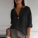 2025 European And American Summer New Loose T Shirts For Women V Neck Cotton And Linen Button Tops_ecoleips.com