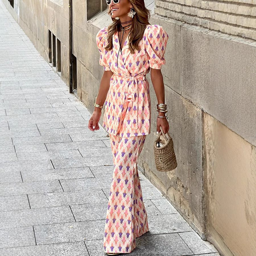 Women's Clothing Lace Up Printed Two Piece Lantern Sleeve Trousers_ecoleips.com
