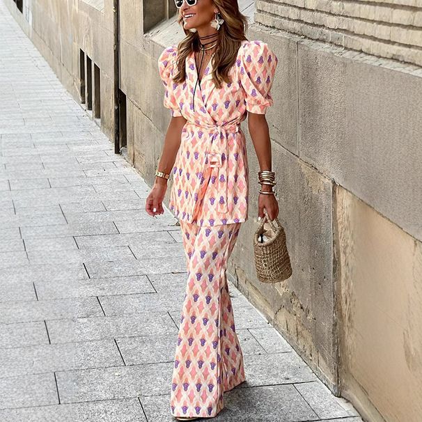 Women's Clothing Lace Up Printed Two Piece Lantern Sleeve Trousers_ecoleips.com
