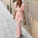 Women's Clothing Lace Up Printed Two Piece Lantern Sleeve Trousers_ecoleips.com