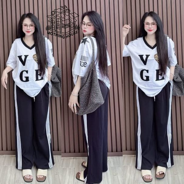 Women's Two-Tone V-Neck Short Sleeve Top With Side Stripe Wide Leg Pants Set - American Style Casual Outfit_ecoleips.com