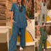 Women's Clothing Solid Color Short Sleeved V Neck Straight Wide Leg Pants Casual Elegant Loose Clothes_ecoleips.com