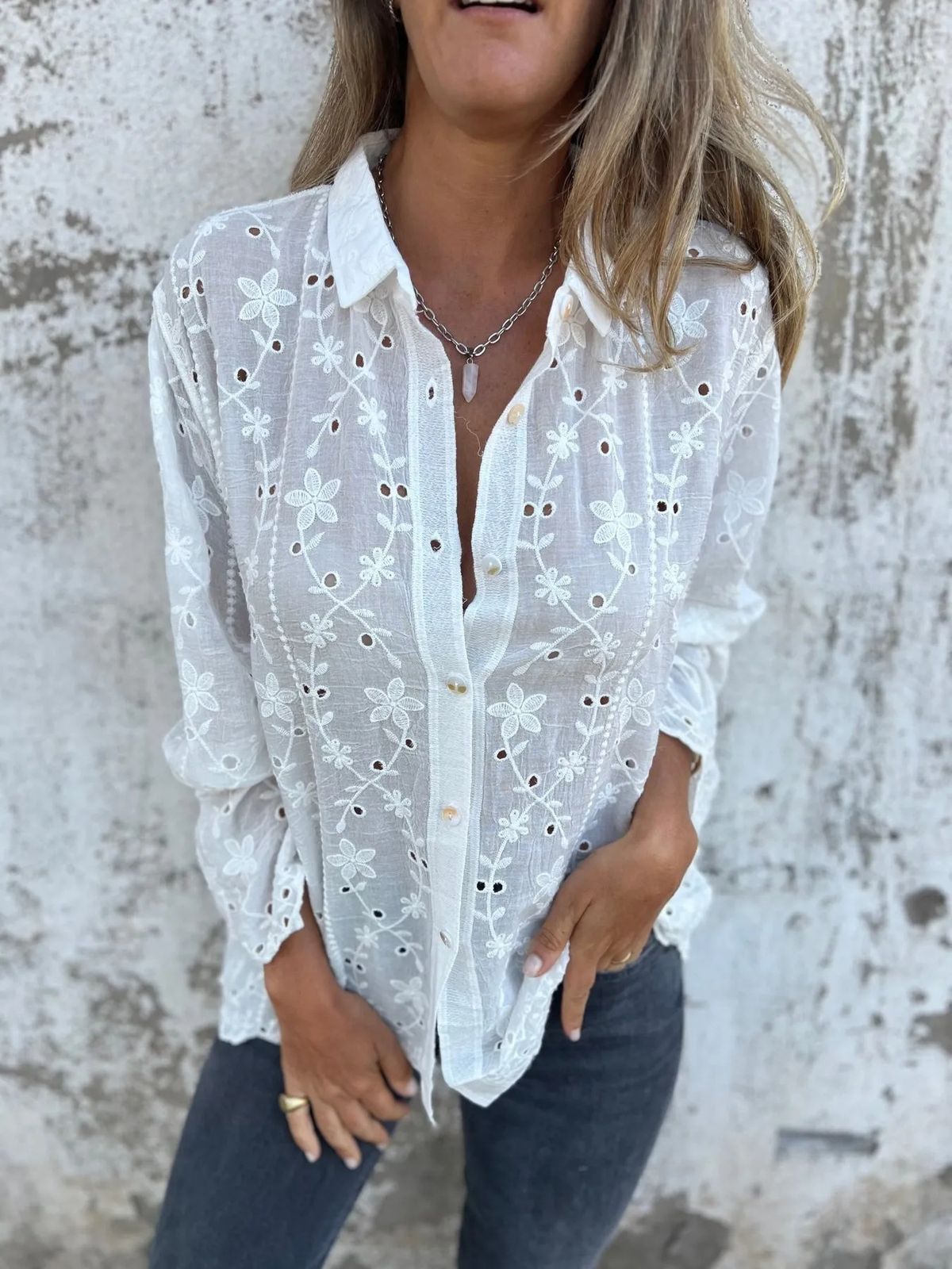 Embroidered Linen-Blend Shirt – Oversized Boho Blouse With Floral Cutouts & Peplum Hem (White/Apricot, Polyester, Long Sleeve, S-XXL)_ecoleips.com