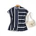 Summer New Style Women's Elegant Stand Collar Striped Shirt Top Short Sleeve Elegant Fashionable Trendy_ecoleips.com