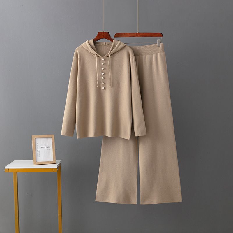Women's Knitted Two Piece Set Hooded Button down Sweater Casual Wide Leg Pants Spring Autumn Cross Border Style_ecoleips.com