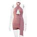 2024 Cross-Border European And American Sexy Cross Strap Halter Backless Ruched Bodycon Dress_ecoleips.com