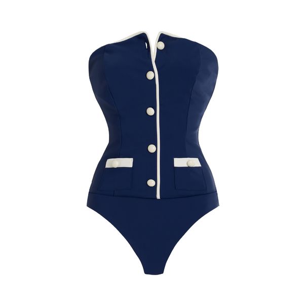 Women's Long Sleeve Navy Surf Suit One Piece Swimsuit With Shorts High End Swimwear_ecoleips.com