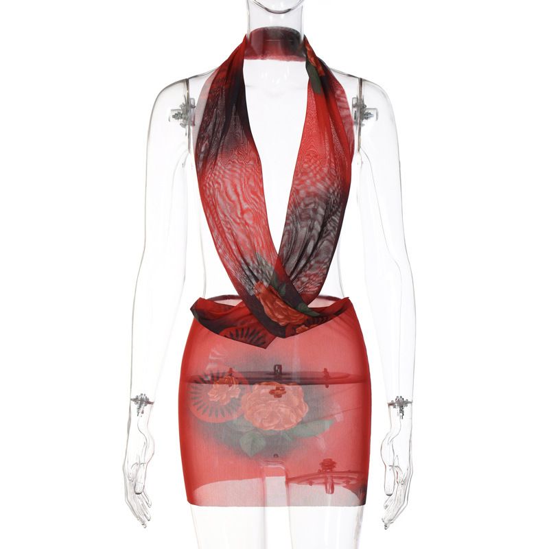 2023 Summer New Sexy Mesh Printed Backless Halter Slim Dress For Women Wholesale_ecoleips.com