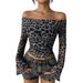 Voya Women's European And American Style Sexy Leopard Print Off Shoulder Trumpet Long Sleeved Top For Women, Slim Fit And Fashionable Short Style_ecoleips.com