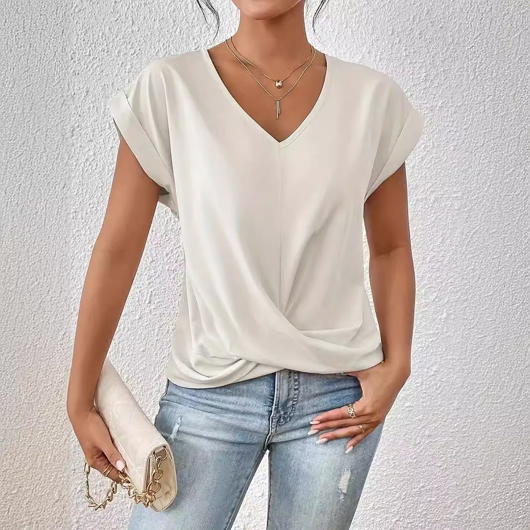 2025 Popular Solid Color V-neck T-shirt Elegant Short-sleeved Top Spring And Summer Women's Clothing_ecoleips.com