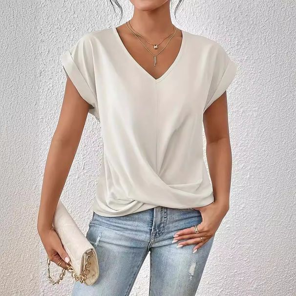 2025 Popular Solid Color V-neck T-shirt Elegant Short-sleeved Top Spring And Summer Women's Clothing_ecoleips.com