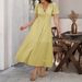 Women Stylish French V‑Neck High Waist Short Sleeve Side Slit Dress Daily Dating Vacation Outfit_ecoleips.com