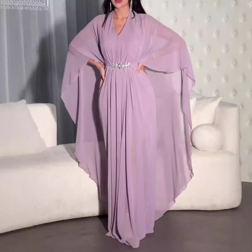 Solid Color Long Gown Slim V Neck Waist Temperament Dress_ecoleips.com