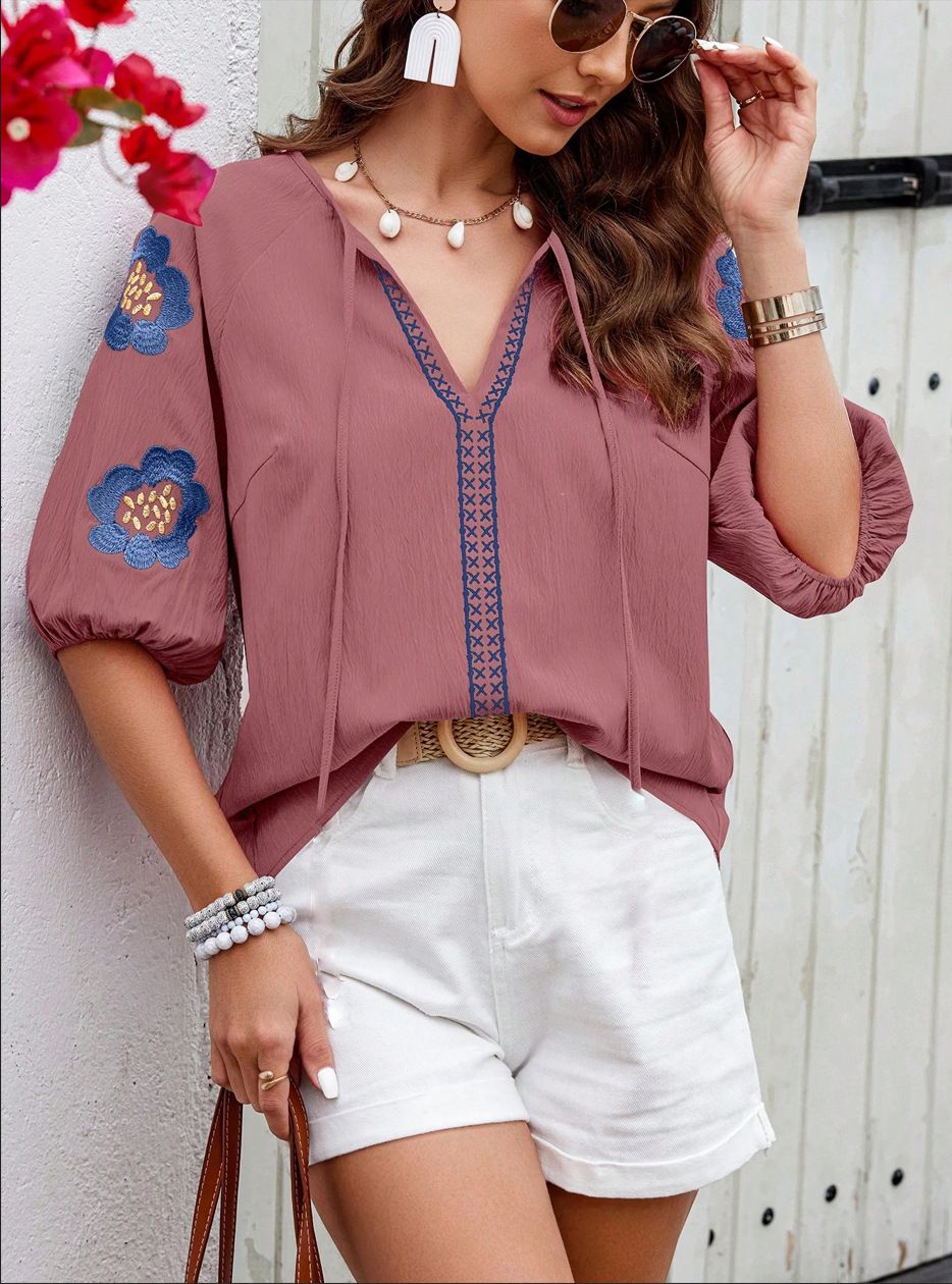 Women's Clothing Long Sleeved Shirt V Neck Solid Color Loose Fit Spring Autumn Winter American Style Top_ecoleips.com
