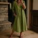 Women's Clothing Women's Linen Patchwork V Neck Dress Loose Three Quarter Sleeve A Line Midi Casual Style Commuter Spring_ecoleips.com