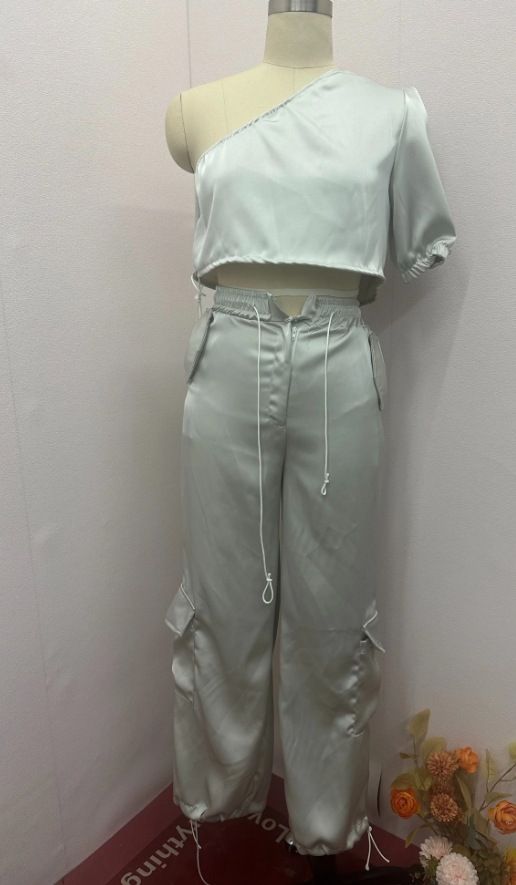 Women's Clothing Summer New Fashion Slant Collar Raglan Sleeve Top Casual Style Trousers Two piece Set_ecoleips.com