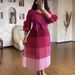 Women's Clothing Plus Size Clothes Elegant V-Neck Petal Sleeve Dress – French-Inspired Faux Two-Piece Dress In Rose Red/Camel/Brick Red/Black/Blue_ecoleips.com
