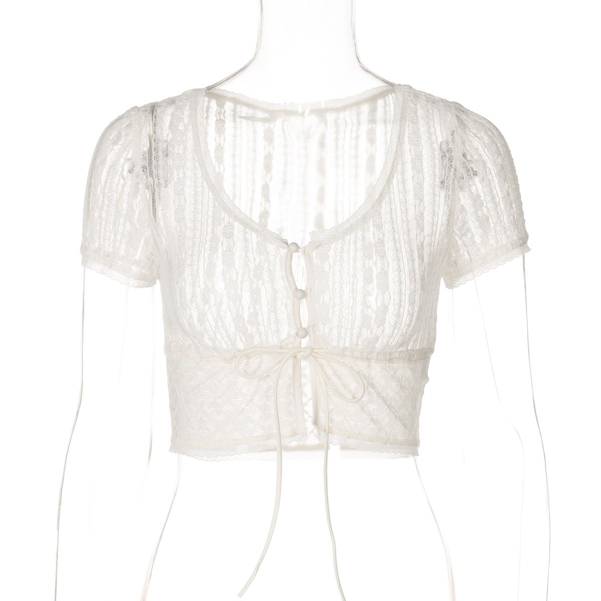 European And American INS Style New Hot-Selling Sexy Lace Ultra-Short Cropped Patchwork Lace-Up See-Through Cardigan_ecoleips.com