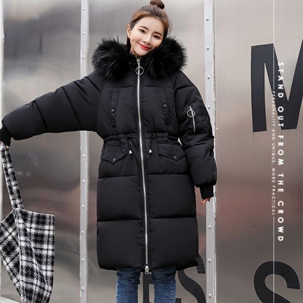 Women’s Winter Coat With Luxe Fur Collar – Mid-Length Korean Style Cotton Jacket, Warm Bio-Down Filling (Black/White/Grey, M-3XL)_ecoleips.com