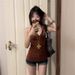 Retro Brown Camisole Tank Top for Women Sexy V Neck Halter Neck Sleeveless Top for Cross Border Trade Wholesale_ecoleips.com