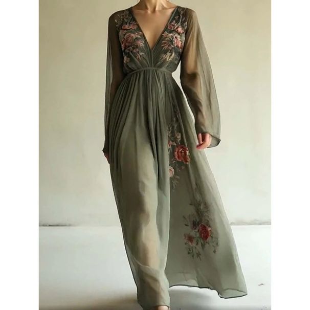 Elegant 3D Print Maxi Dress V-Neck Long Sleeve Flowy Chiffon A-Line Women's Casual Party Long Dress_ecoleips.com