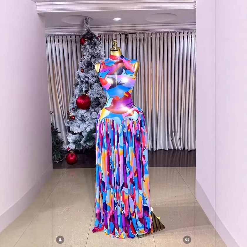 Elegant Printed Sleeveless Banquet Dress for Women Pleated Cross Border INS European And American Style 2026_ecoleips.com