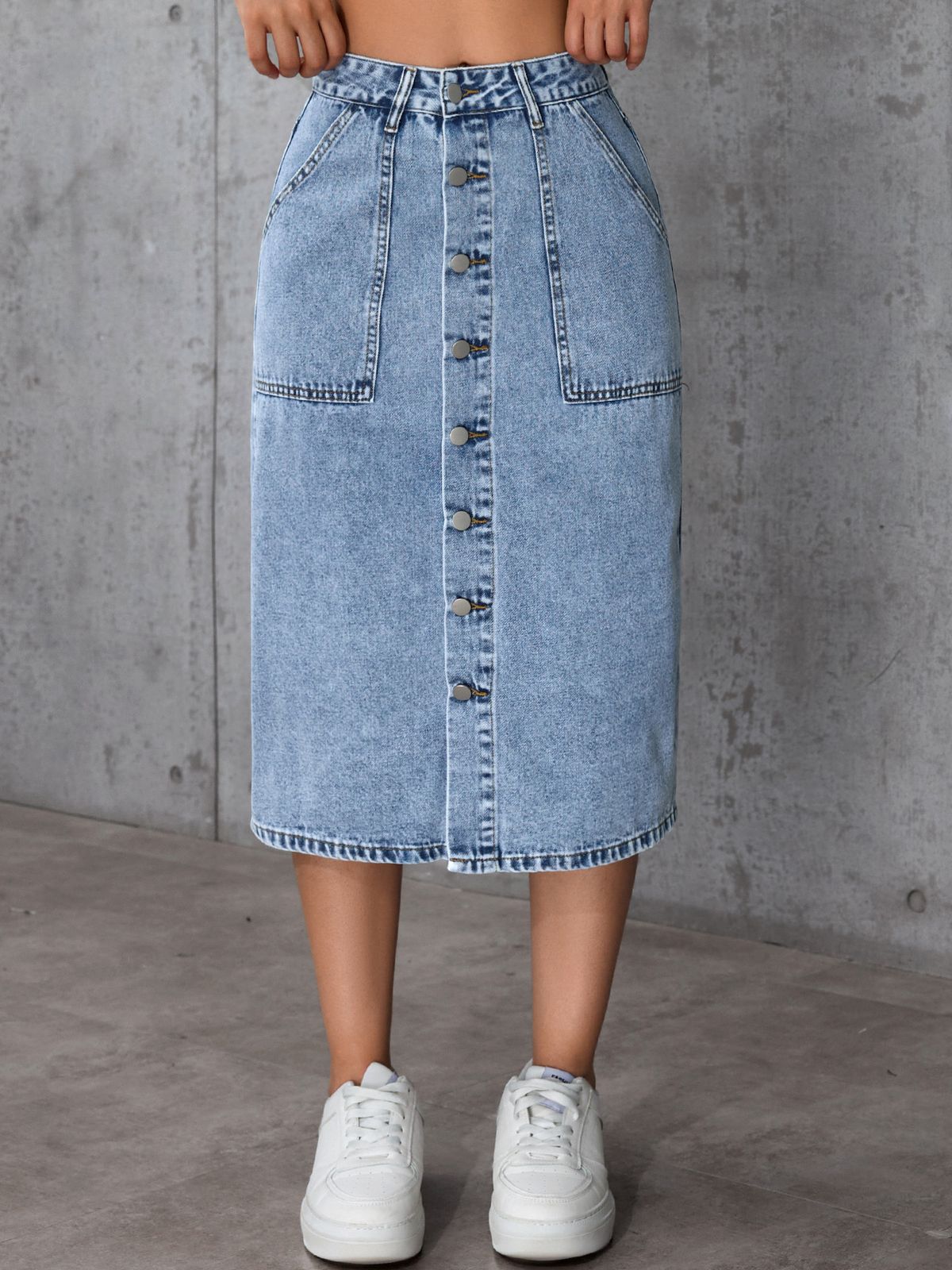 Women's High Waist Stretchy Denim Midi Skirt - Slit Detail Bodycon Pencil Skirt (Dark Blue/Light Blue/Black/Grey, S-XXL)_ecoleips.com