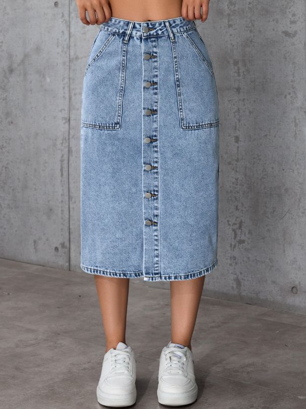 Women's High Waist Stretchy Denim Midi Skirt - Slit Detail Bodycon Pencil Skirt (Dark Blue/Light Blue/Black/Grey, S-XXL)_ecoleips.com