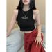Women's Clothing Black Embroidered Sports Tank Top For Women Short Knitted Sleeveless Outerwear Innerwear Hot Girl Fashion_ecoleips.com