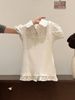 Korean Sweet Top Quality Style White Polka Dot Faux Two-Piece Puff Sleeve T-Shirt For Women, Summer Turn-Down Collar, Patchwork Doll_ecoleips.com