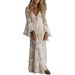Women's Lace V-Neck Long Sleeve Maxi Dress – Floral Embroidery & Ruffle Hem (S-Xxl, Breathable Polyester Blend For Spring/Summer)_ecoleips.com