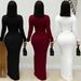 Women's Sexy V-Neck Solid Color Long Sleeve Bodycon Dress Fashion Elegant Slimming Fit Maxi Dress_ecoleips.com