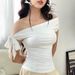 European And American Style Women's Ruched One Shoulder Backless Twisted Tie Asymmetrical T-Shirt Top Summer New Arrival_ecoleips.com