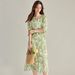 25 Summer French V-neck Fresh Green Printed Lantern Sleeve Waist-cinching Split Vacation Style Long Dress 15695_ecoleips.com