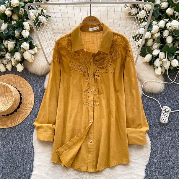 French Style Embroidered Openwork Breathable Blouse, Long Sleeved, Loose Fitting, Versatile, Workwear Cardigan, Blue Top._ecoleips.com